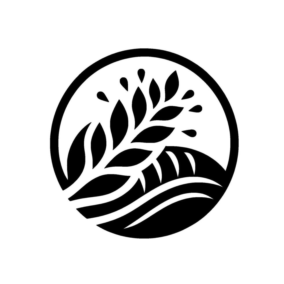 minimalist monochrome featuring a stylized wheat stalk with water droplets over serpentine fields within a circle free vector